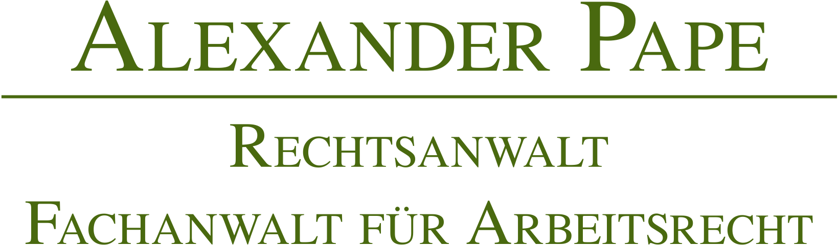 Grüner Schriftzug Alexander Pape Rechtsanwalt Fachanwalt für Arbeitsrecht auf weiß